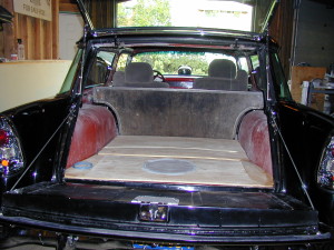 Tubbed Wheel Wells and Subwoofer in Spare Tire Carrier of 56 Nomad